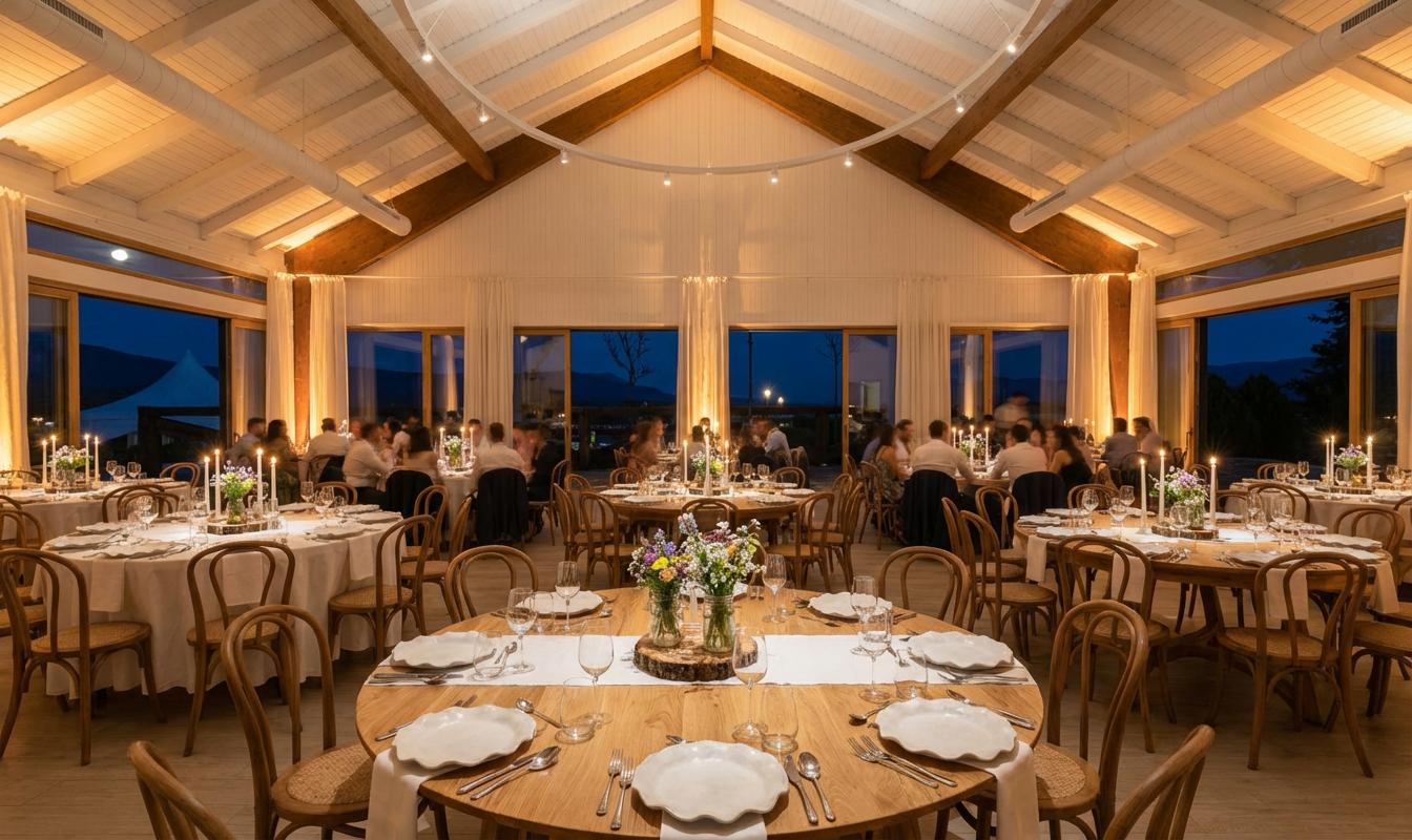 Reception hall, evening dinner setup — After