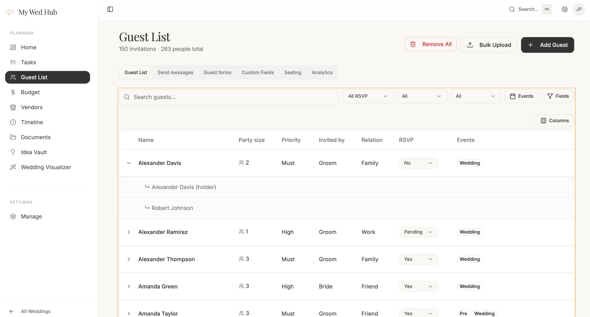 Guest list table showing name, party size, priority, invited by, relation, RSVP status, events and custom fields, with an invitation expanded into individual people