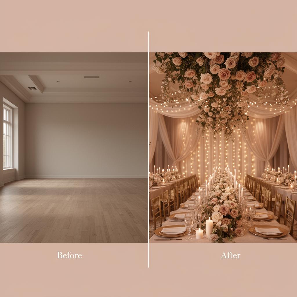 Before and after AI venue visualization showing an empty wedding hall transformed with florals, draping, and candlelight